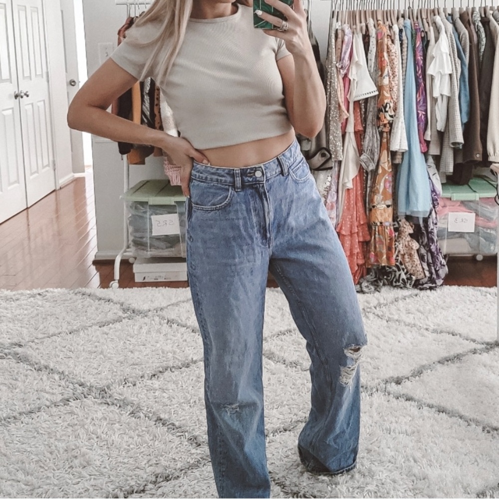 Zara ultra high rise wide leg distressed jeans